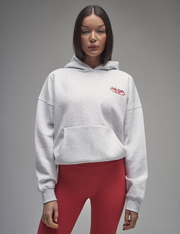 Kaiia Running Club Logo Oversized Hoodie Light Grey Marl & Red