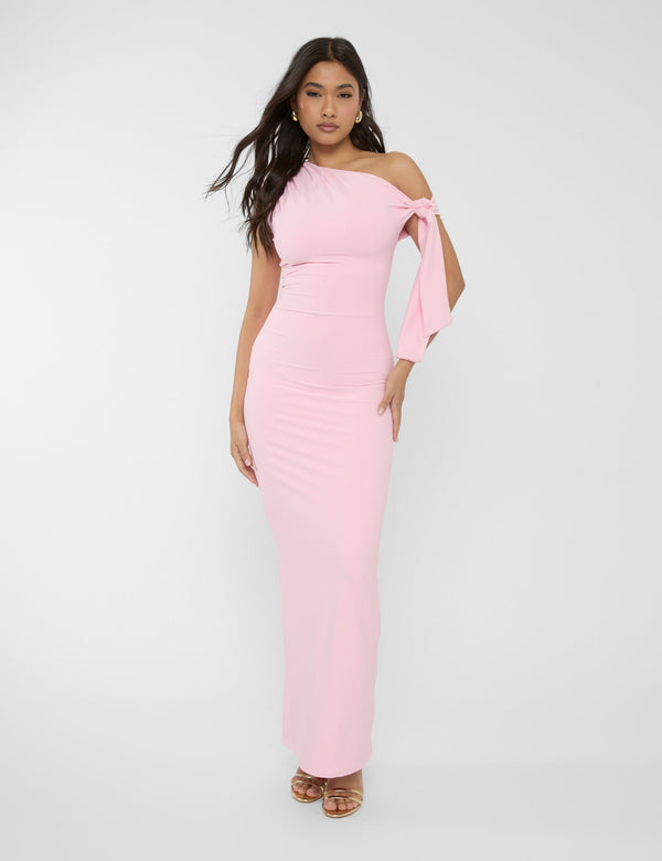 Knot Detail Asymmetric One Shoulder Luxe Slinky Maxi Dress Soft Pink