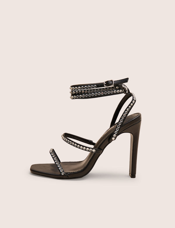 Ultra Chic Wide Fit Black  Diamante Strappy Square Toe Slim Block Illusion Heel