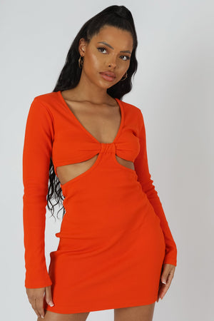 Waist Cut Out Long Sleeve Mini Dress Orange