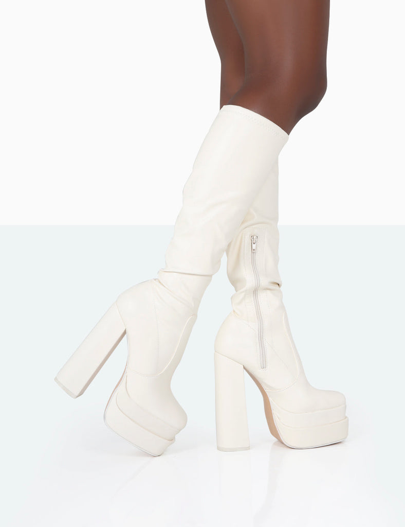 Passive Ecru PU Square Toe Platform Block High Heel Over The Knee Boots ...