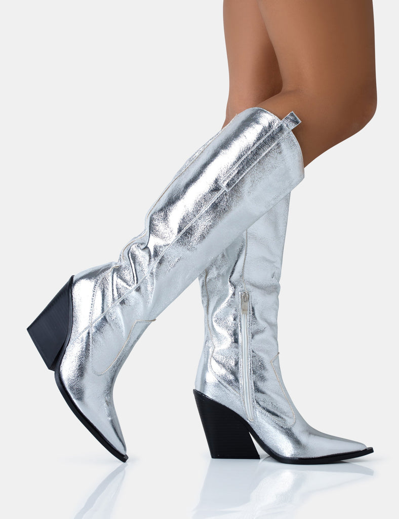 Metallic silver knee hot sale high boots