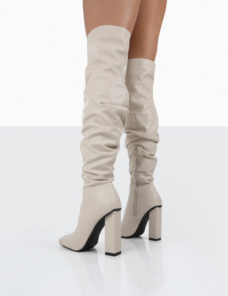Cassia Ecru Square Toe Block Heel Over The Knee Boots | Public Desire ...