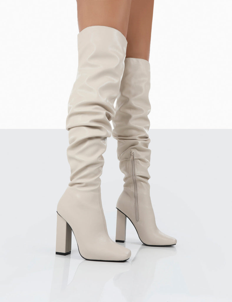 Cassia Ecru Square Toe Block Heel Over The Knee Boots | Public Desire ...