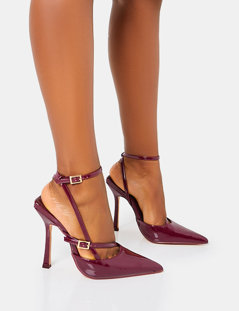 Idol Burgandy Patent Buckle Strappy Detail Stiletto Pointed to Court