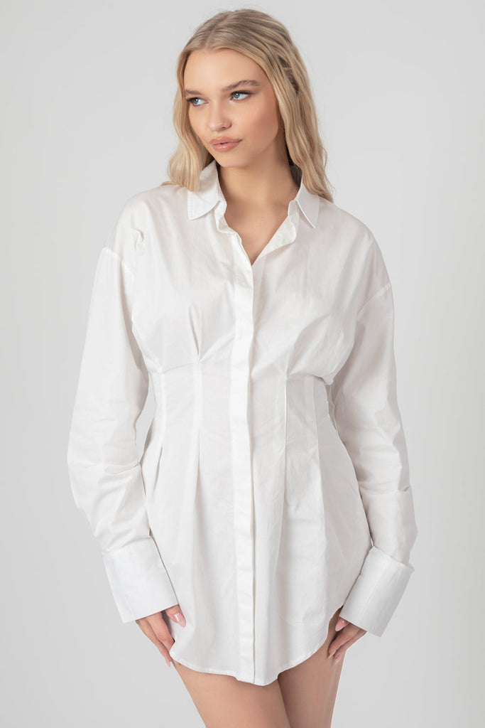 White Woven Pu Corset Oversized Shirt Dress