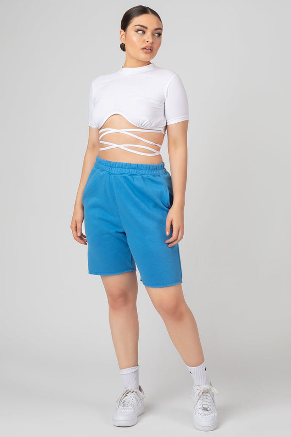 Long Line Raw Hem Shorts Blue
