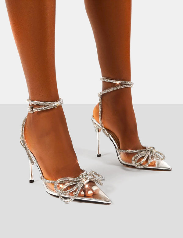 Midnight Clear Perspex Wide Fit Wrap Around Diamante Bow Pointed Toe High Heel