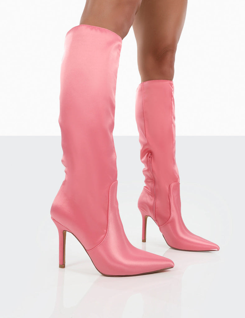 Best Believe Pink Satin Pointed Toe Heeled Knee High Boots | Public ...
