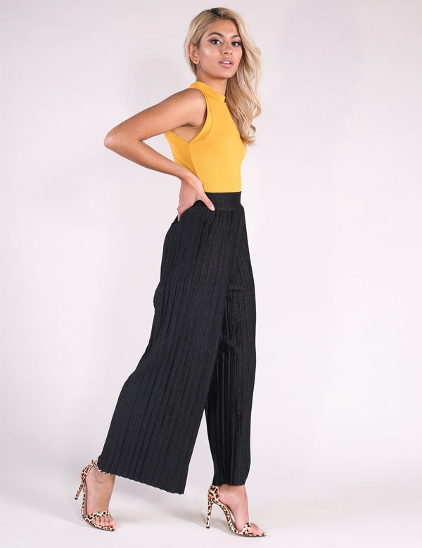 Black Metallic Pleated Trousers