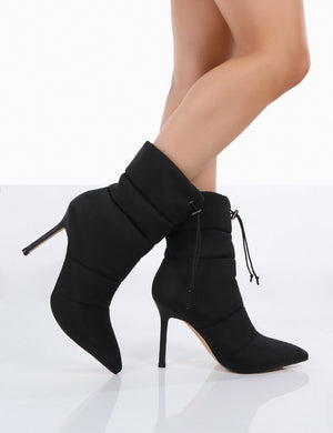 Kenza x Public Desire Reset Black Nylon Padded Heeled Ankle Boots