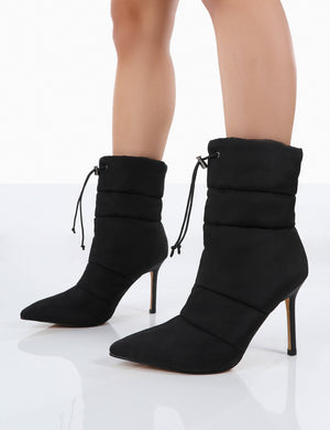 Kenza x Public Desire Reset Black Nylon Padded Heeled Ankle Boots