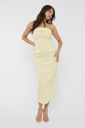 Linen Look Tailored Fold Over Bandeau Pocket Detail Midi Dress Yellow