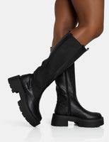 Evergreen Black Pu Wide Fit Knee High Elasticated Detail Chunky Heeled Sole Boots