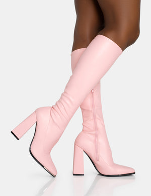 Caryn Baby Pink Pu Knee High Block Heeled Boots