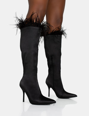 Baddie Black Satin Feather Pointed Toe Stiletto Knee High Boots