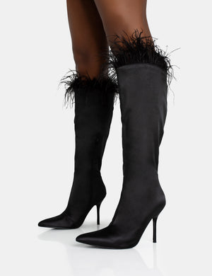Baddie Black Satin Feather Pointed Toe Stiletto Knee High Boots