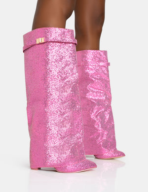 Echo Hot Pink Glitter Twist Lock Detail Fold Over Pointed Toe Knee High Boots