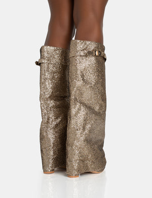 Echo Gold Glitter Twist Lock Detail Fold Over Pointed Toe Knee High Boots