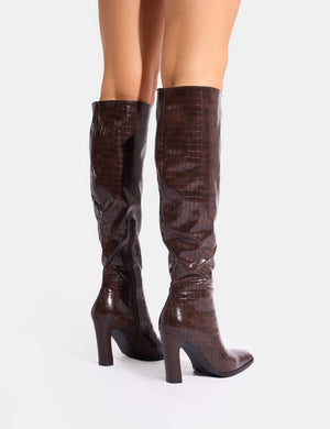 Acquilla Brown Croc Knee High Flared Heel Boots