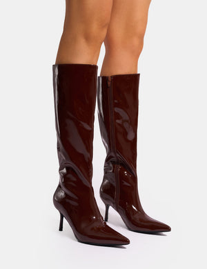 Amped Chocolate Patent Pointed Toe Mid Heel Knee High Boots