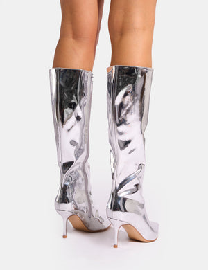 Amped Mirror Silver Pointed Toe Mid Heel Knee High Boots