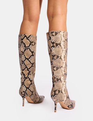 Amped Snake Pointed Toe Mid Heel Knee High Boots