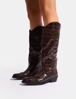 Apollo Brown Croc Flat Western Knee High Boots