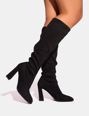 Audrina Black Suede Wide Fit Block Heel Knee High Sock Boots