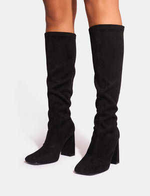 Audrina Black Suede Block Heel Knee High Sock Boots