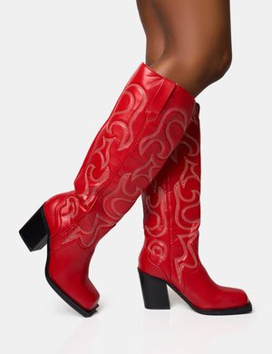 Austine Red Western Block Heel Knee High Boots