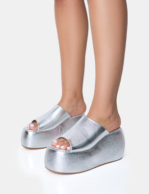 Blue Moon Silver Metallic Chunky Platform Wedge Sandals