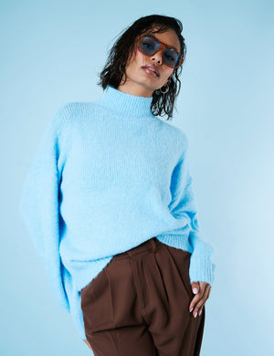 High Neck Knit Jumper Light Blue