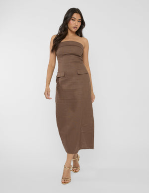 Linen Look Tailored Fold Over Bandeau Pocket Detail Midi Dress Chocolate