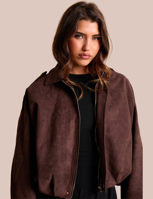 Oversized Faux Suede Bomber Jacket Chocolate