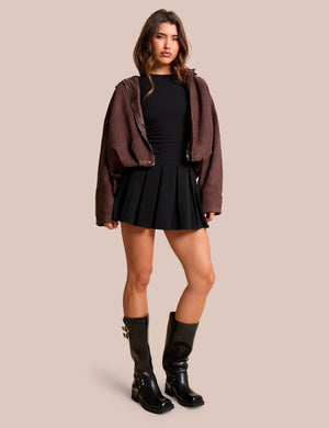 Oversized Faux Suede Bomber Jacket Chocolate