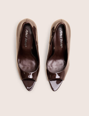 Complicated Brown Patent Peep Toe Court Shoes