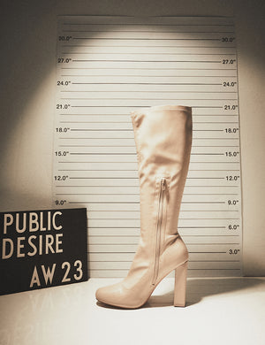 Christina Nude Pu Pointed Toe Block Heel Knee High Boots