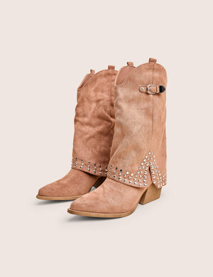 Dalton Tan Fold Over Suede Studded Western Ankle Boots
