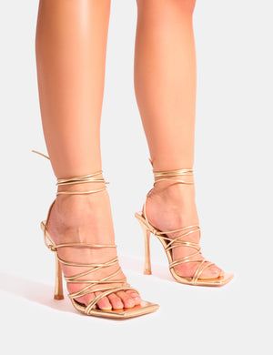 Delphini Gold Extreme Lace Up Square Toe Heels