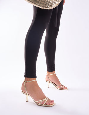 Idina Gold Crossover Strap Slingback Mid Heels