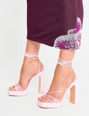 Eilish Light Pink Pu Lace Up Strappy Platform Block High Heels