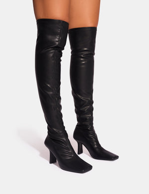 Electra Black Square Toe Mid Heeled Over The Knee Boots