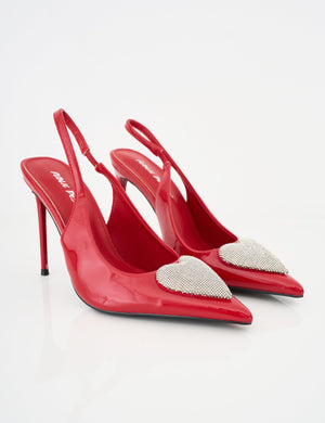 Elvis Red Patent Diamante Heart Brooch Slingback Pointed Toe Court High Heels