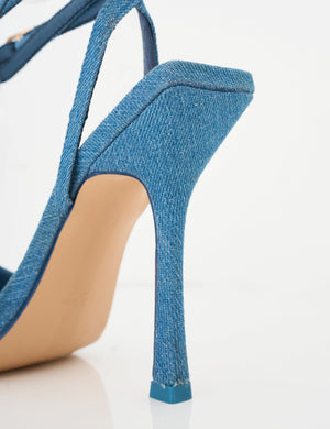 Emma Blue Denim Barely There Square Toe High Heels