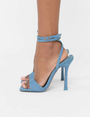 Emma Blue Denim Barely There Square Toe High Heels