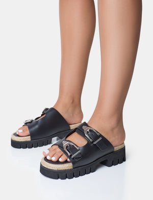 Equinox Black Chunky Jute Detail Buckle Flatform Sandals