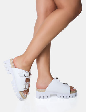 Equinox White Chunky Jute Detail Buckle Flatform Sandals