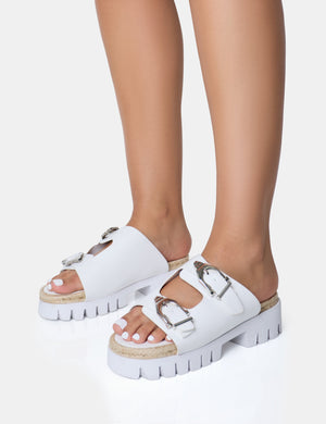 Equinox White Chunky Jute Detail Buckle Flatform Sandals