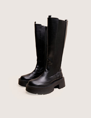 Evergreen Black Pu Knee High Elasticated Detail Chunky Heeled Sole Boots